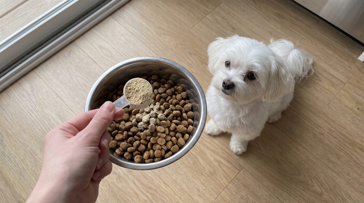 A hand adding one scoop of the powder to a bowl of dog food while the dog waits