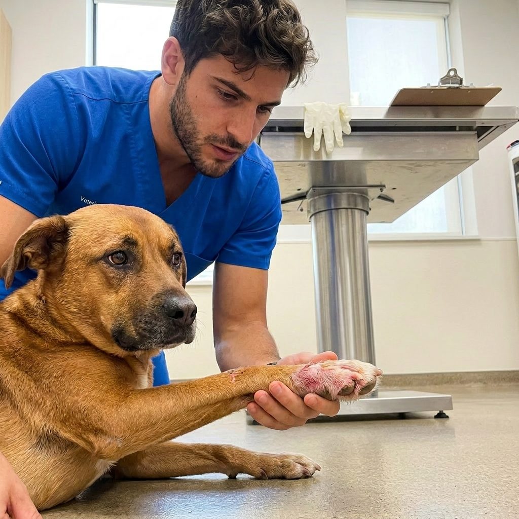 Dr. Russo, veterinary dermatologist, examining a small white dog in his clinic